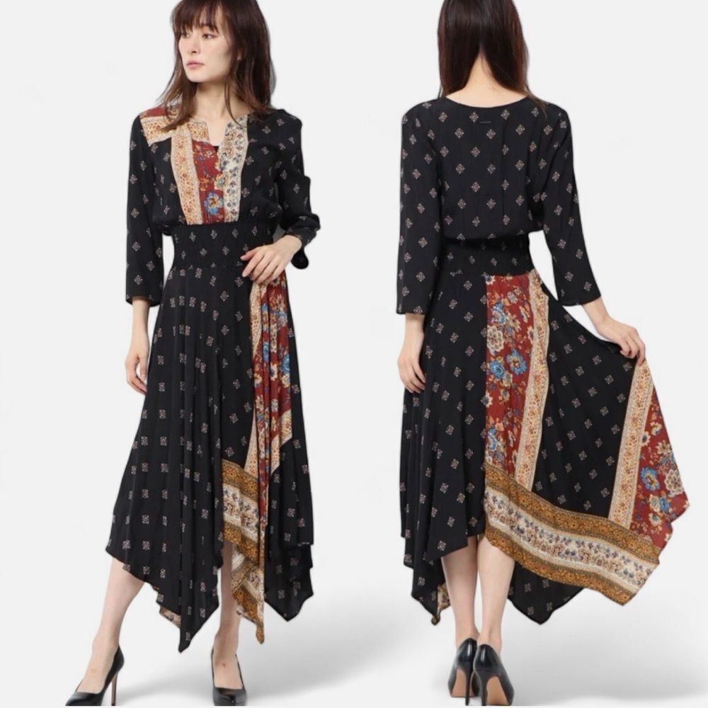 DESIGUAL Gelia Bohemian Handkerchief Patchwork Midi Dress Size L